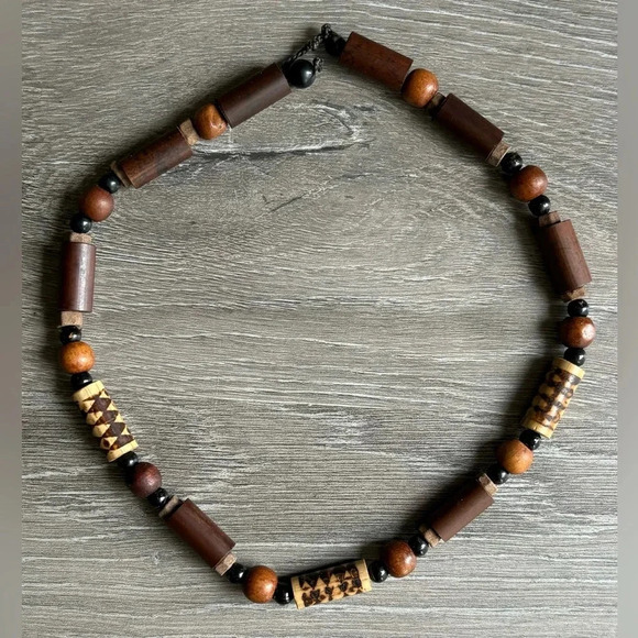 Dark & Light Wood Beaded Necklace 17” - Picture 1 of 2